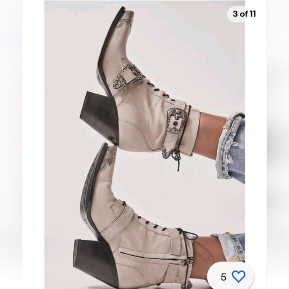 Free People Briar Buckle Lace Up Boot Leather Pewter Etch Tip Opal Grey 36 - Picture 1 of 11